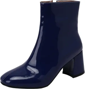 KysBloes Women Patent Leather GOGO Boots Square Toe Chunky Heel Ankle Boots Side Zip Block Heel Winter Booties