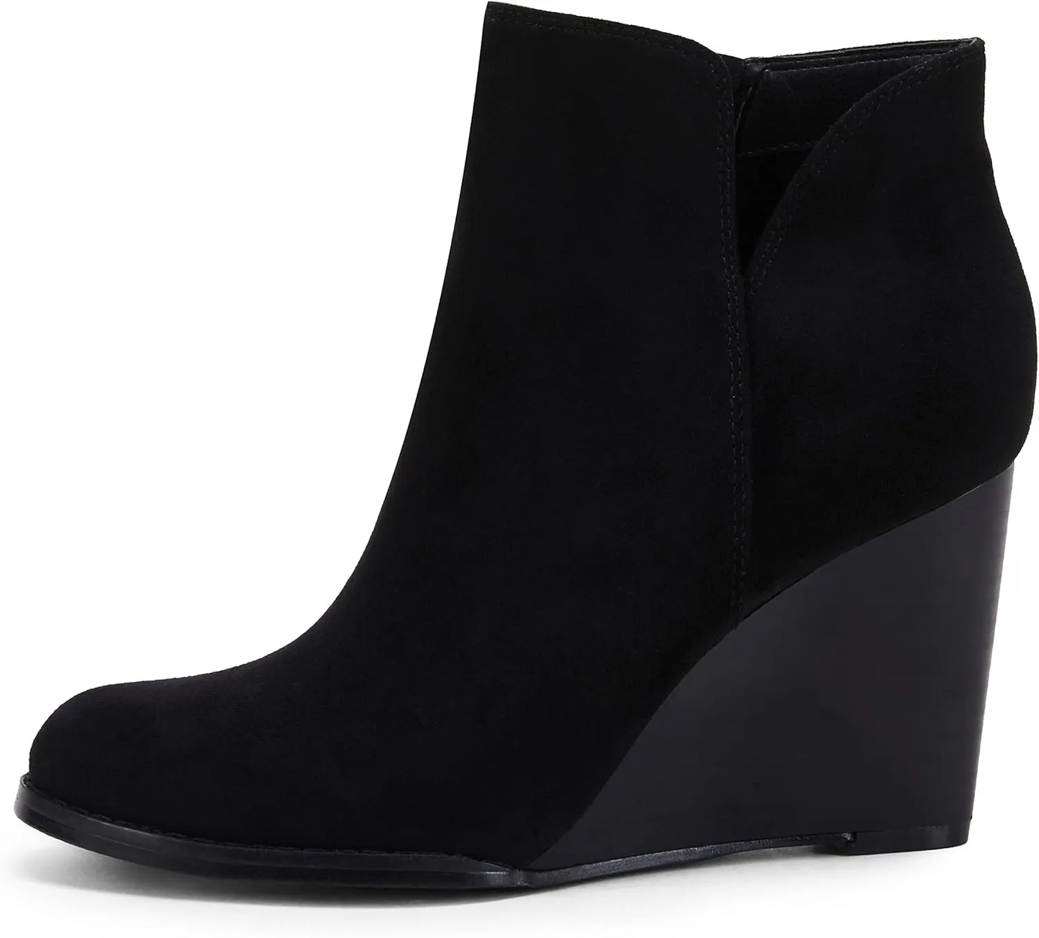 LAICIGO Womens V Cut Wedge Ankle Booties Zip-up Closed Toe Stacked Heel Faux Suede Winter Boots