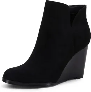 LAICIGO Womens V Cut Wedge Ankle Booties Zip-up Closed Toe Stacked Heel Faux Suede Winter Boots