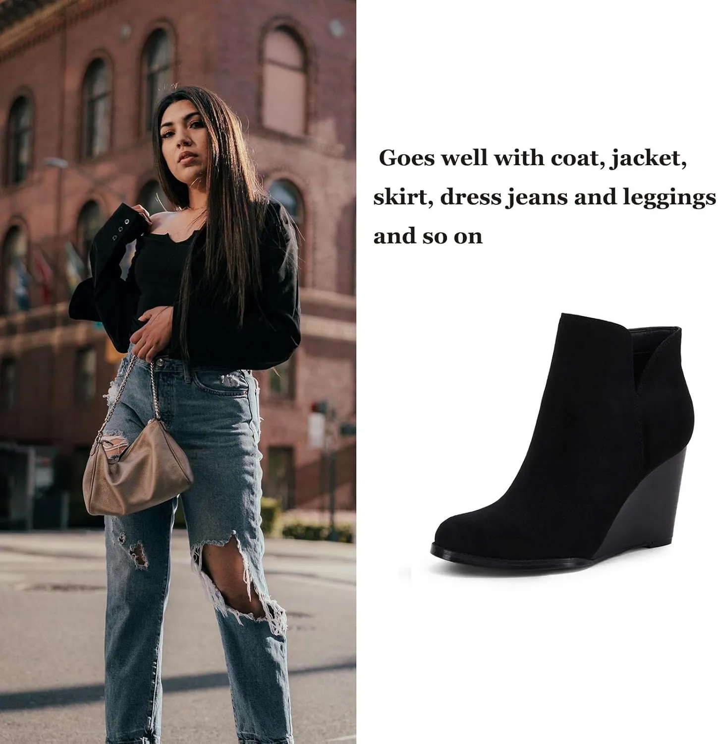 LAICIGO Womens V Cut Wedge Ankle Booties Zip-up Closed Toe Stacked Heel Faux Suede Winter Boots