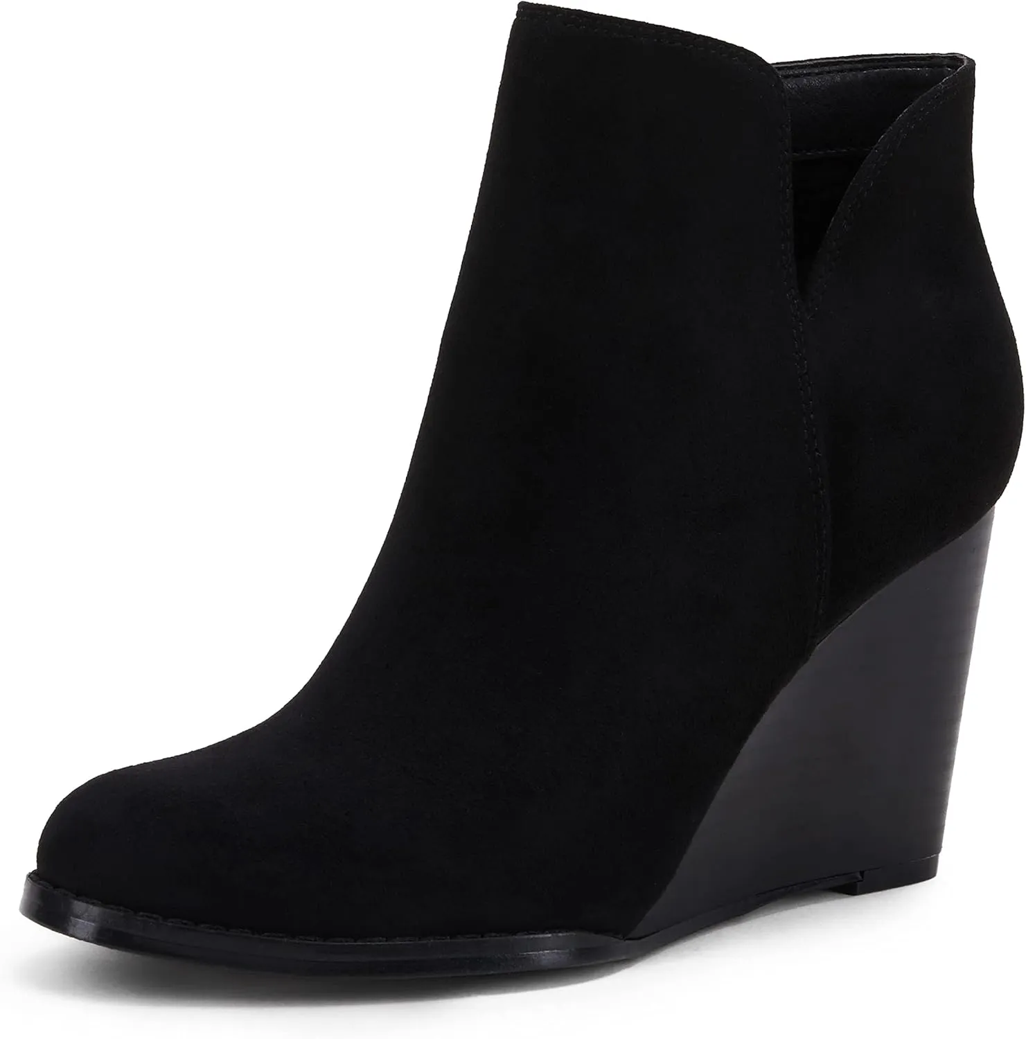 LAICIGO Womens V Cut Wedge Ankle Booties Zip-up Closed Toe Stacked Heel Faux Suede Winter Boots