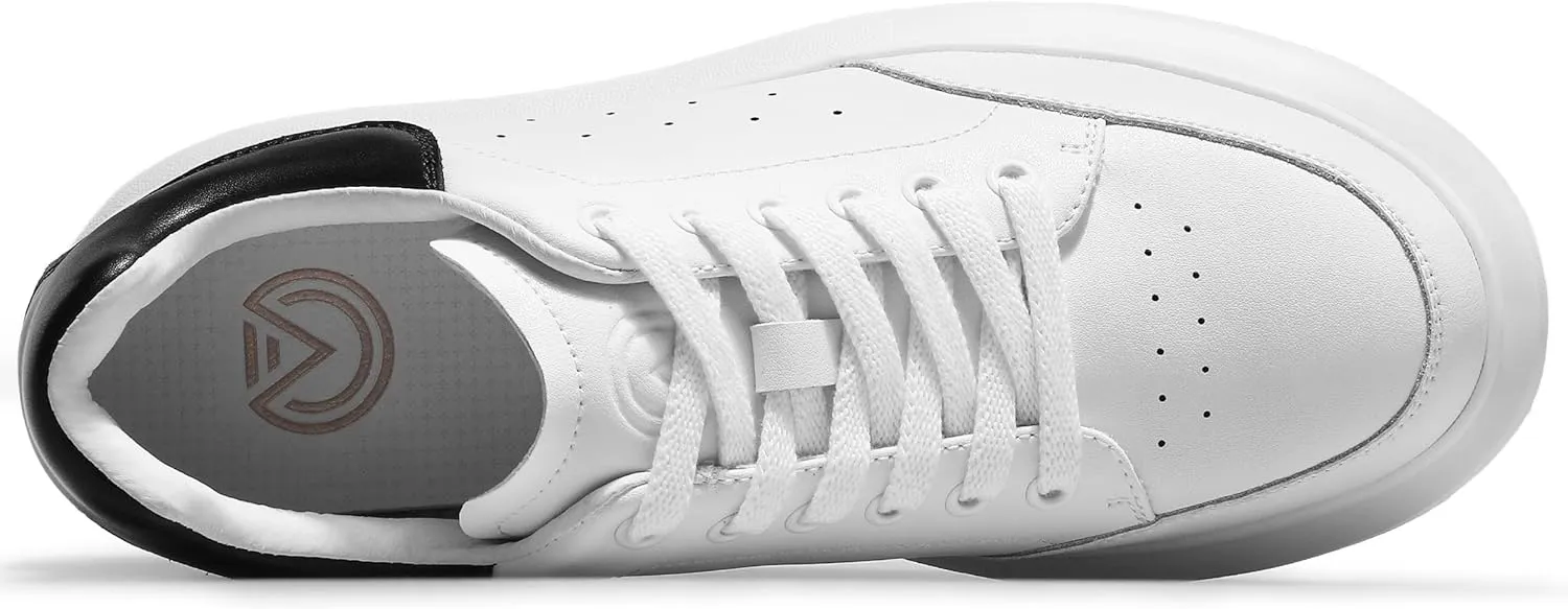 Leather Lace-up Platform Wedge Sneakers, 3 Inch Height Increasing Shoes, White Tennis Walking Shoes for Men & Women