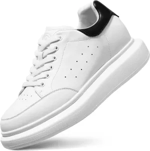 Leather Lace-up Platform Wedge Sneakers, 3 Inch Height Increasing Shoes, White Tennis Walking Shoes for Men & Women