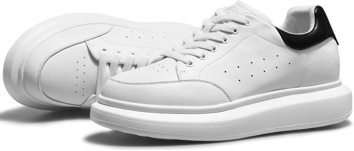 Leather Lace-up Platform Wedge Sneakers, 3 Inch Height Increasing Shoes, White Tennis Walking Shoes for Men & Women