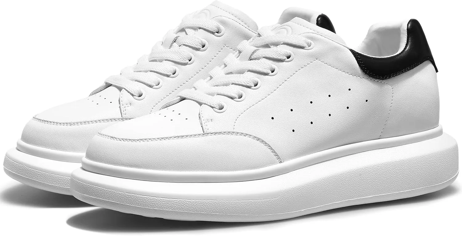 Leather Lace-up Platform Wedge Sneakers, 3 Inch Height Increasing Shoes, White Tennis Walking Shoes for Men & Women