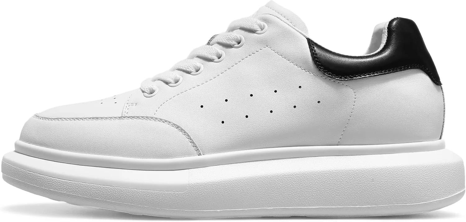 Leather Lace-up Platform Wedge Sneakers, 3 Inch Height Increasing Shoes, White Tennis Walking Shoes for Men & Women