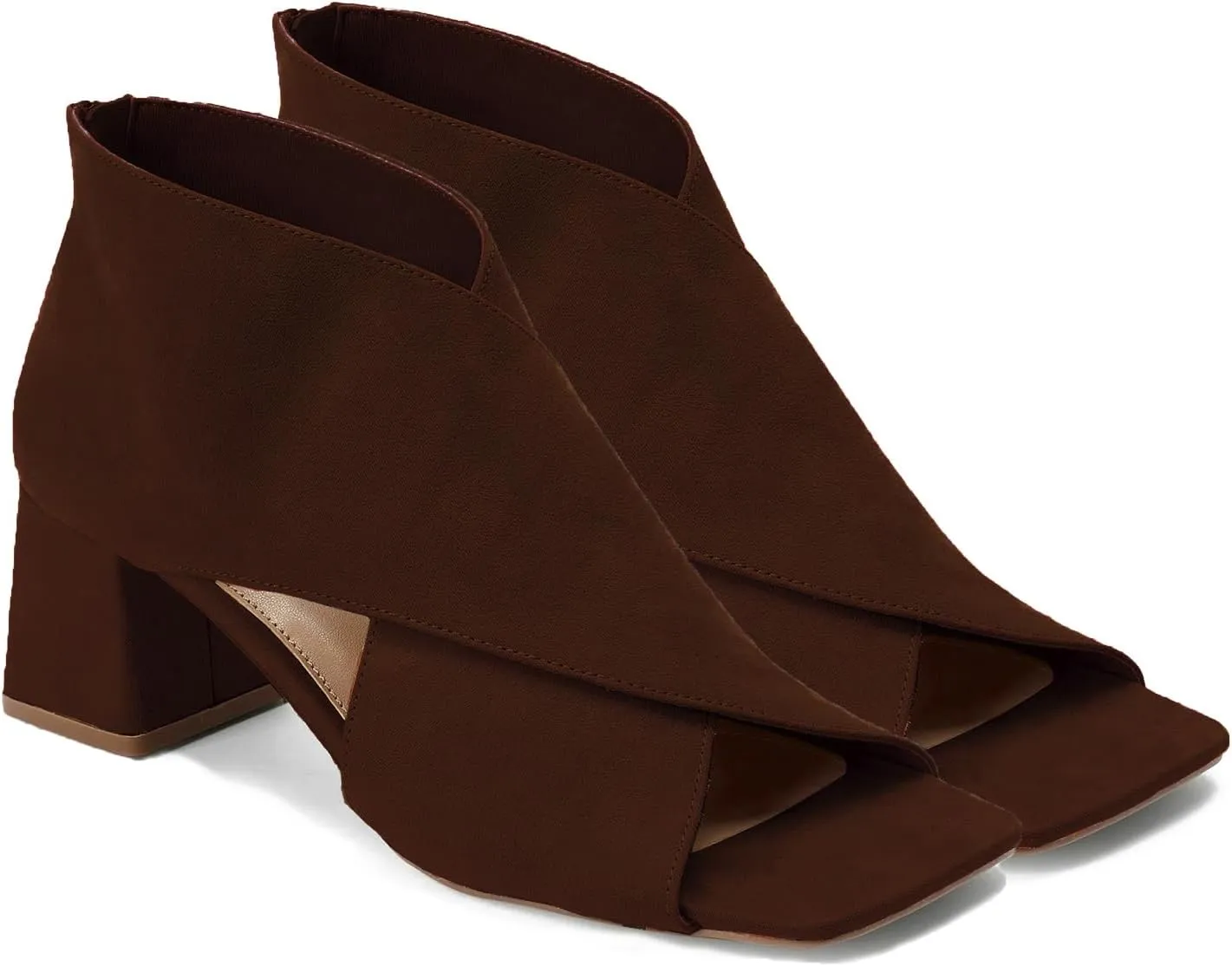 LEHOOR Women Chunky Heel Open Toe Booties Suede Side Cut-Out Ankle Boots Square Peep Toe 2 Inch Block Mid Heels Dress Heeled Sandal Booties Back Zipper Summer Casual Size 4-11 M US
