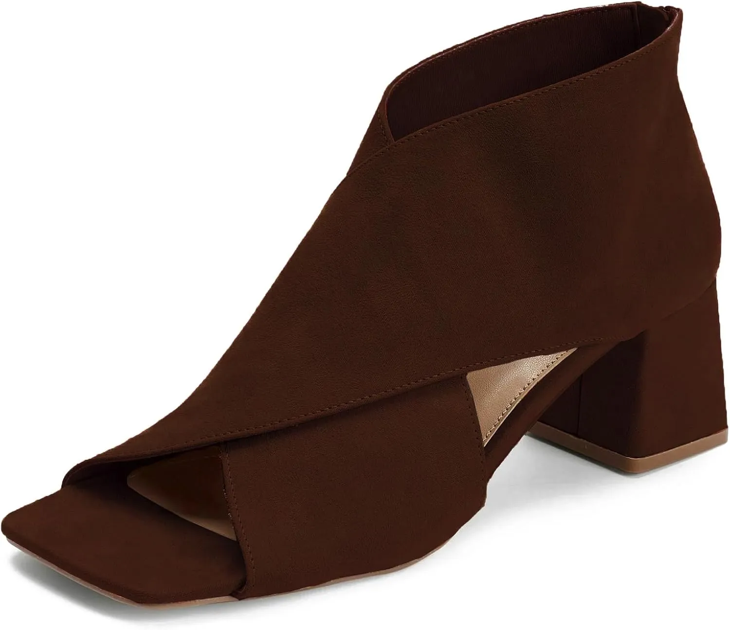 LEHOOR Women Chunky Heel Open Toe Booties Suede Side Cut-Out Ankle Boots Square Peep Toe 2 Inch Block Mid Heels Dress Heeled Sandal Booties Back Zipper Summer Casual Size 4-11 M US