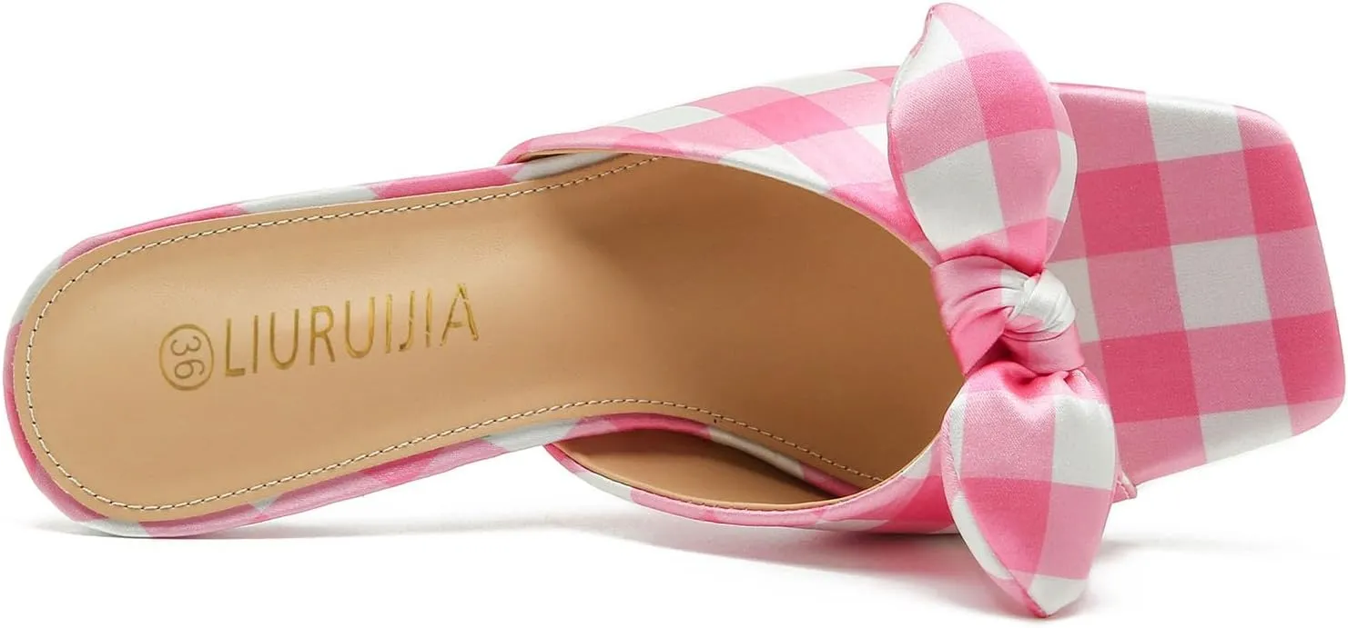LIURUIJIA Bow Tie kitten heel sandals for women Mule Sandals Slingback Square Open Toe Low Wedding Heels Backless Slip On Slide Summer Cute Wedding Bridal Sandals Shoes