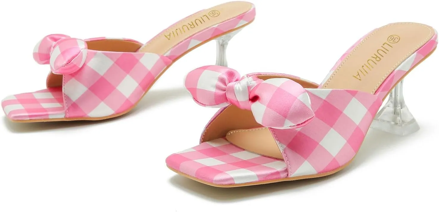 LIURUIJIA Bow Tie kitten heel sandals for women Mule Sandals Slingback Square Open Toe Low Wedding Heels Backless Slip On Slide Summer Cute Wedding Bridal Sandals Shoes