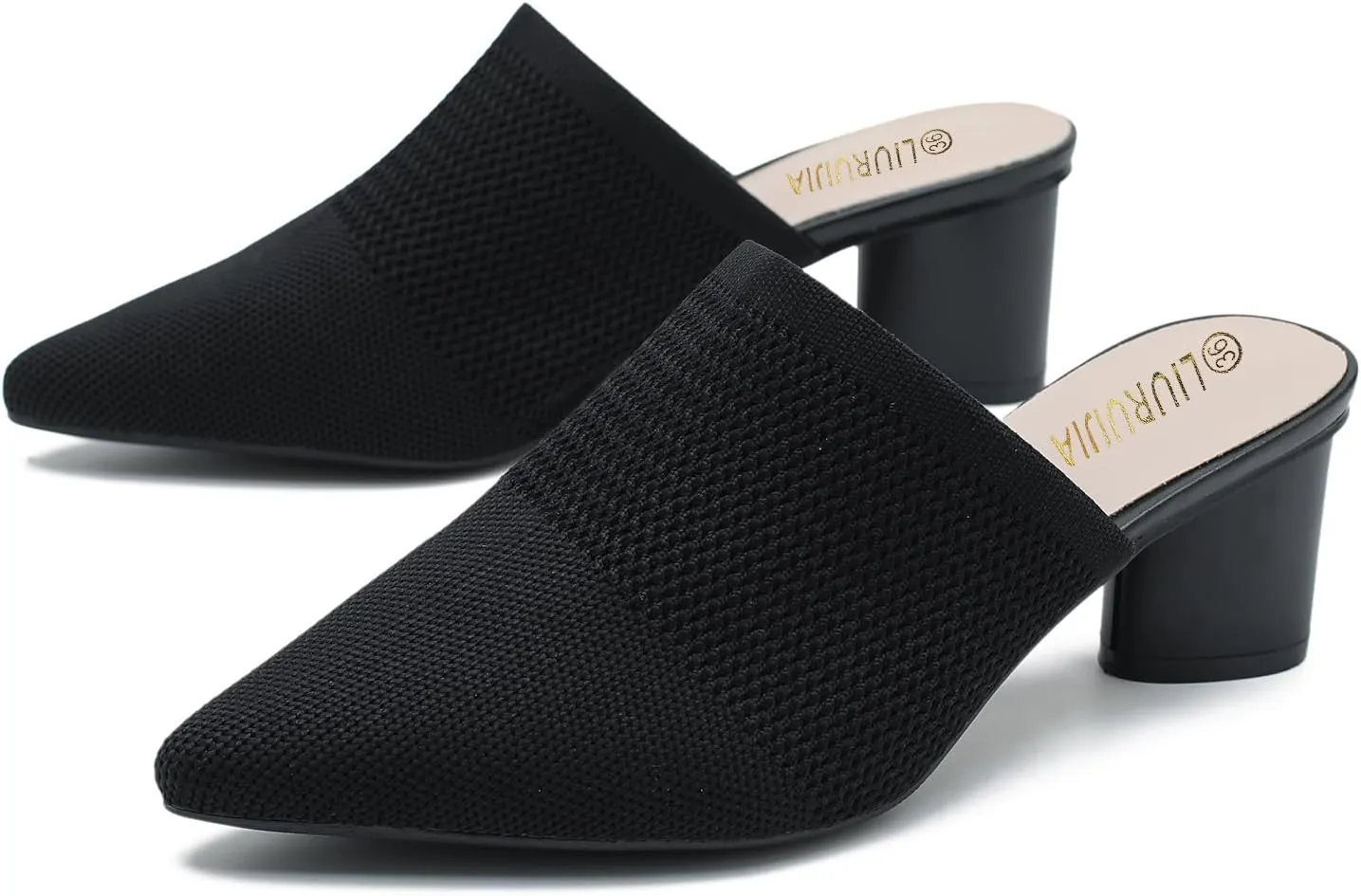 LIURUIJIA Women's Pointed Toe Mules Heels Chunky Heeled Sandals Breathable Mesh Knit Slip On Dress Sandals For Women