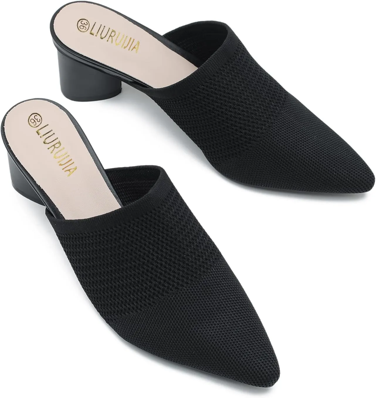 LIURUIJIA Women's Pointed Toe Mules Heels Chunky Heeled Sandals Breathable Mesh Knit Slip On Dress Sandals For Women