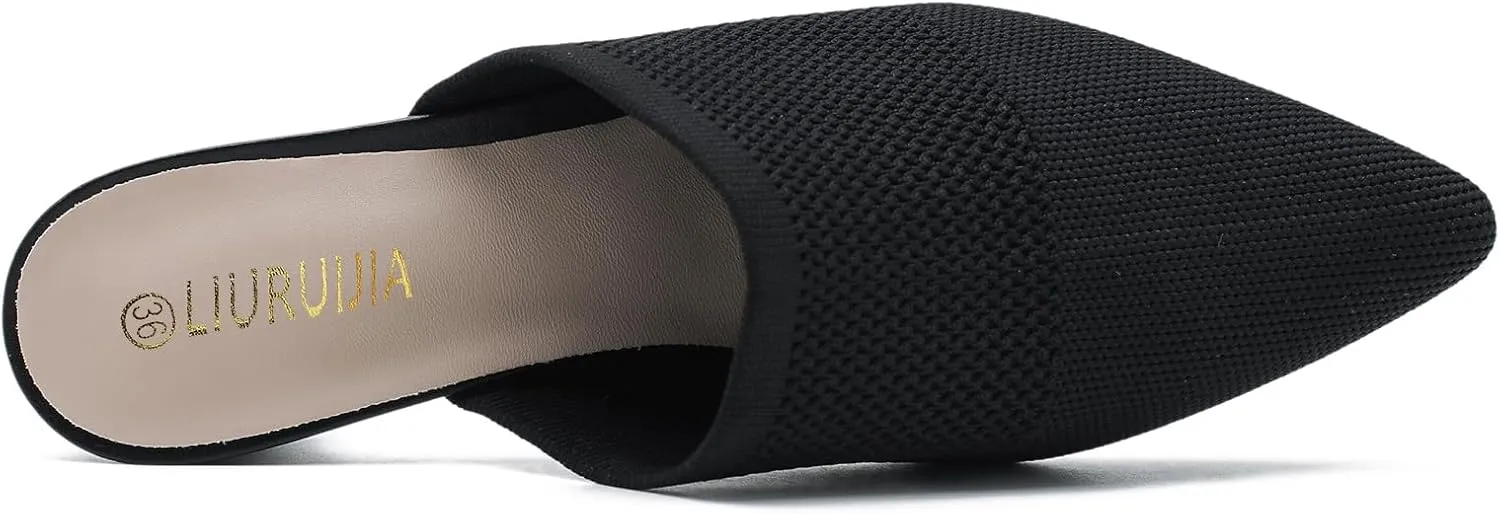 LIURUIJIA Women's Pointed Toe Mules Heels Chunky Heeled Sandals Breathable Mesh Knit Slip On Dress Sandals For Women