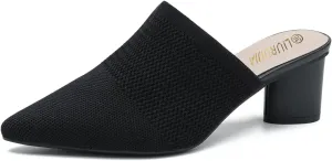 LIURUIJIA Women's Pointed Toe Mules Heels Chunky Heeled Sandals Breathable Mesh Knit Slip On Dress Sandals For Women