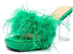 LIURUIJIA Women's Square Toe Platform Chunky Heel Slip on Sandals Feather Fuzzy Heels Mules Wedding Bridal Party Dress Shoes