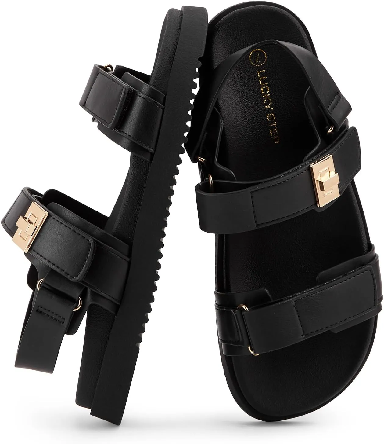 LUCKY STEP Women's Flat Sandals Casual Open Toe Beach Sandals Adjustable Double Strap Summer Sandals