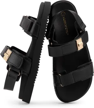 LUCKY STEP Women's Flat Sandals Casual Open Toe Beach Sandals Adjustable Double Strap Summer Sandals