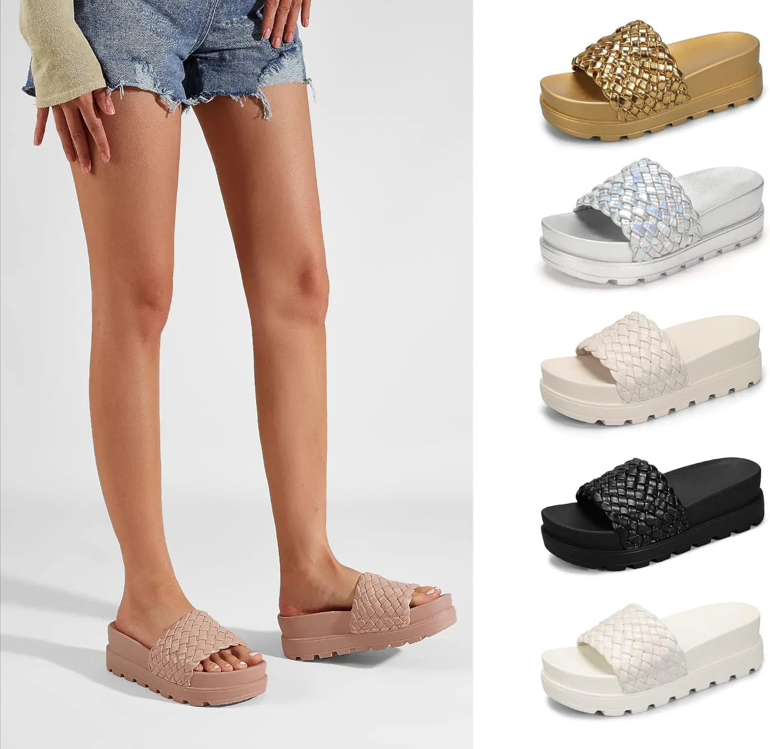 LUCKY STEP Women's Platform Sandals Braided Strap Flatform Slide Open Toe Casual Summer Beach Outdoor Wedge Woven Belt Slipper