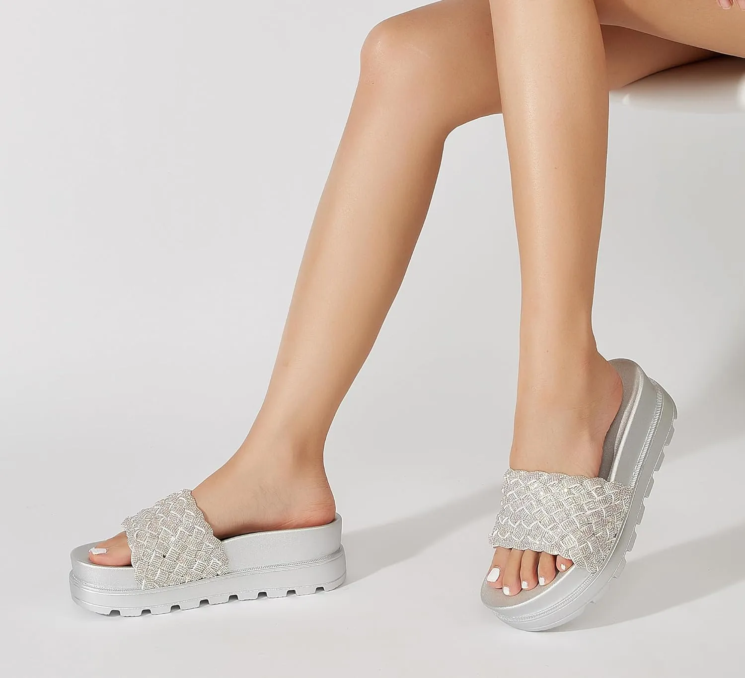 LUCKY STEP Women's Platform Sandals Braided Strap Flatform Slide Open Toe Casual Summer Beach Outdoor Wedge Woven Belt Slipper