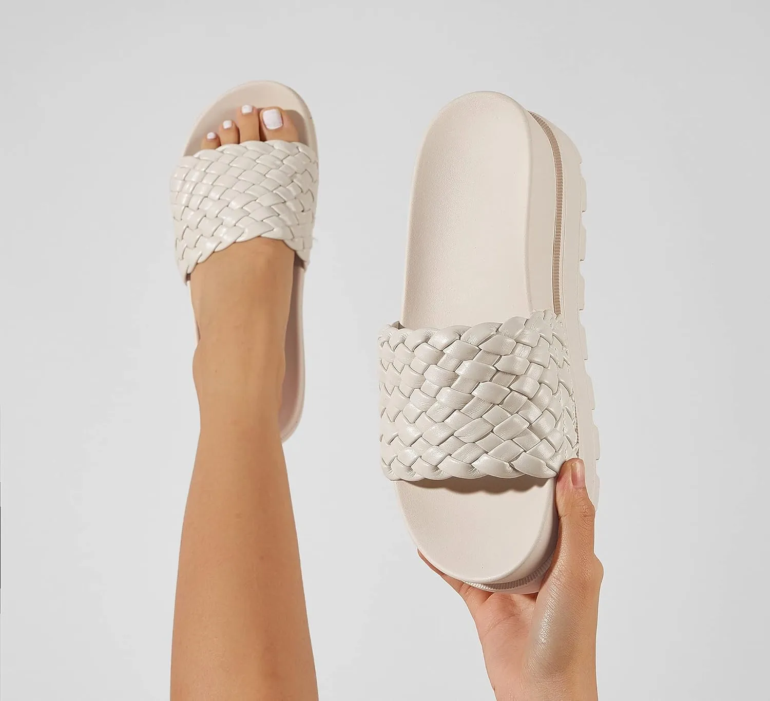 LUCKY STEP Women's Platform Sandals Braided Strap Flatform Slide Open Toe Casual Summer Beach Outdoor Wedge Woven Belt Slipper