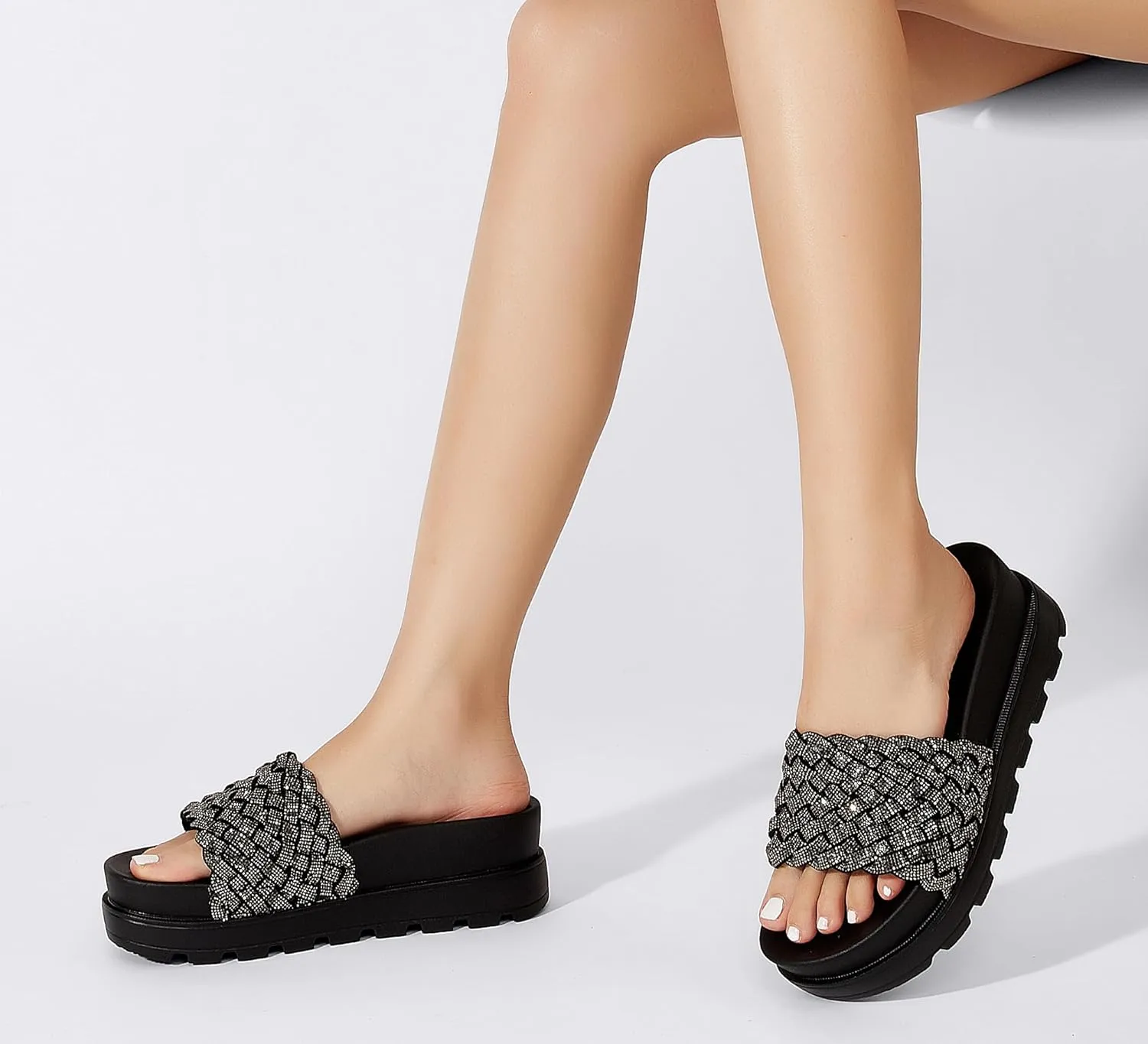 LUCKY STEP Women's Platform Sandals Braided Strap Flatform Slide Open Toe Casual Summer Beach Outdoor Wedge Woven Belt Slipper