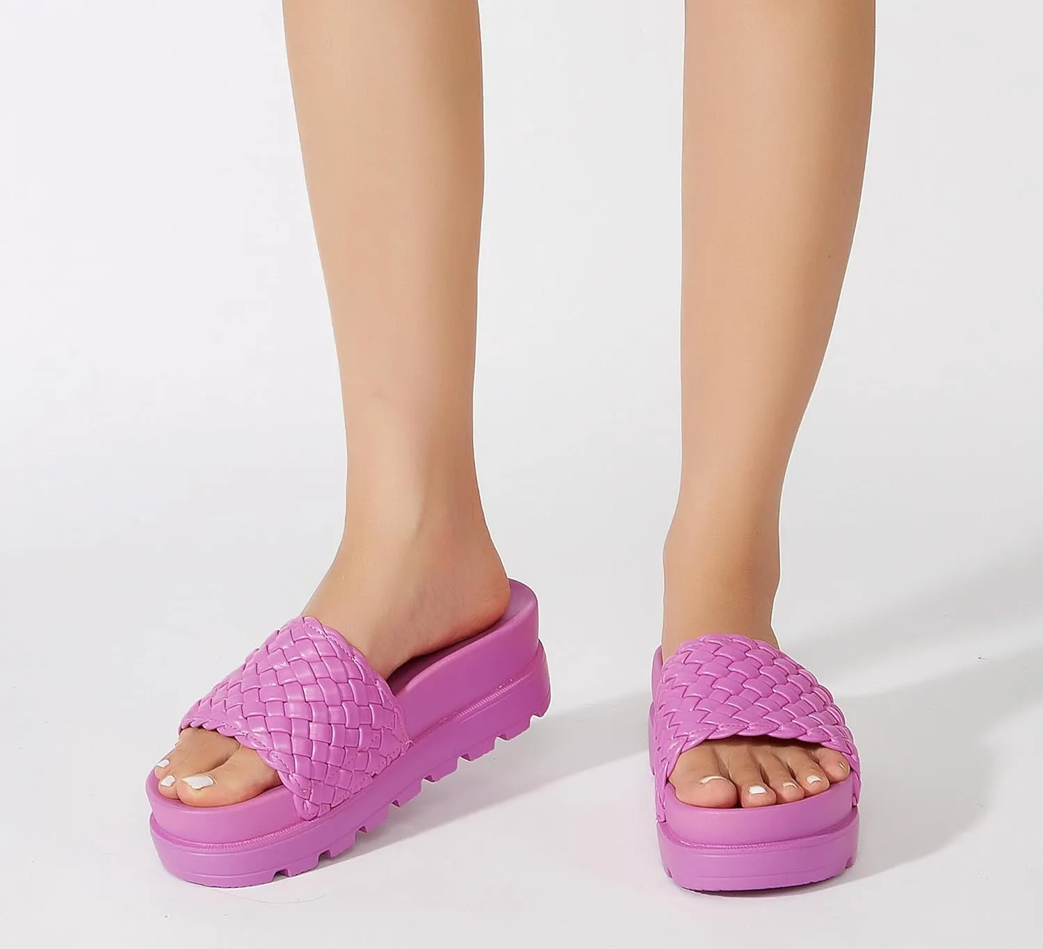 LUCKY STEP Women's Platform Sandals Braided Strap Flatform Slide Open Toe Casual Summer Beach Outdoor Wedge Woven Belt Slipper