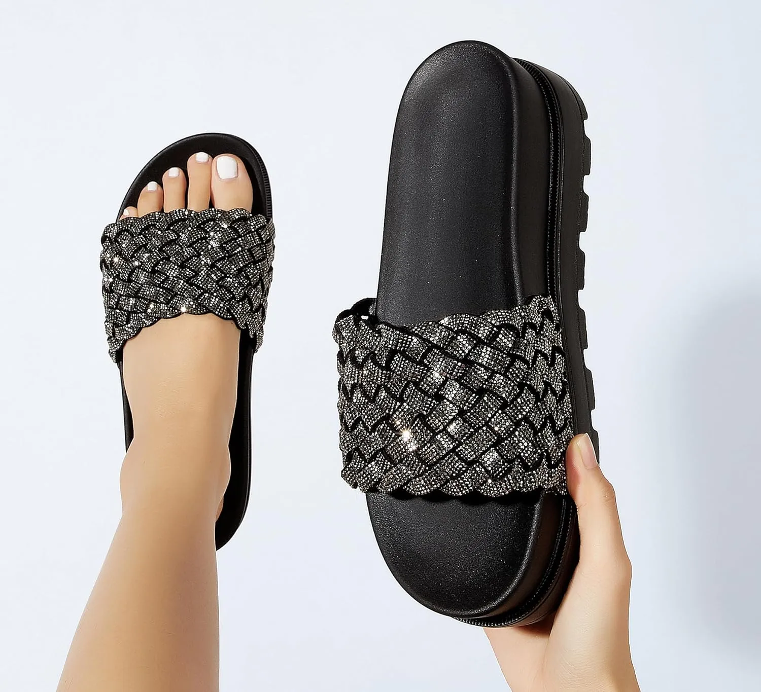 LUCKY STEP Women's Platform Sandals Braided Strap Flatform Slide Open Toe Casual Summer Beach Outdoor Wedge Woven Belt Slipper