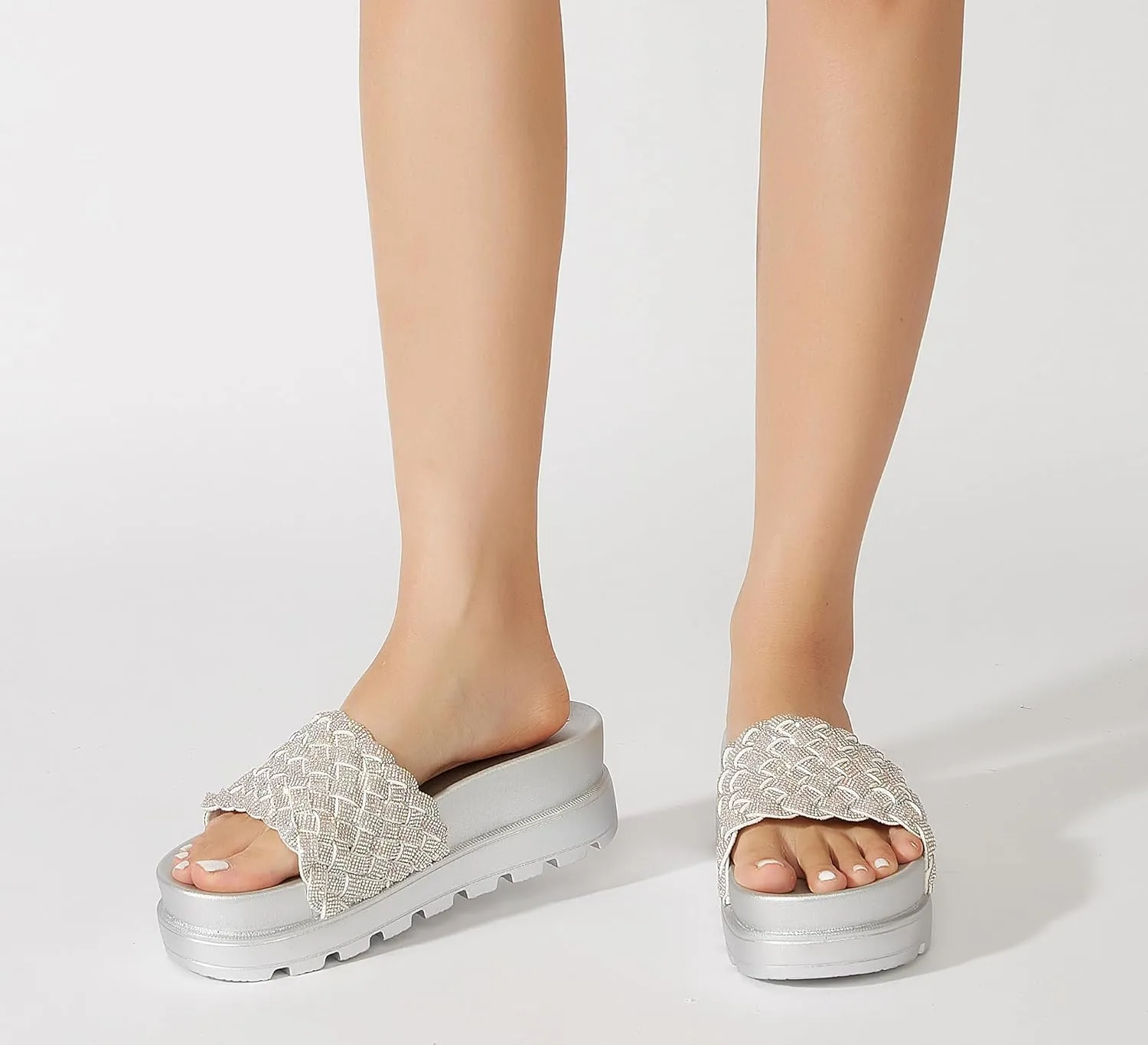 LUCKY STEP Women's Platform Sandals Braided Strap Flatform Slide Open Toe Casual Summer Beach Outdoor Wedge Woven Belt Slipper