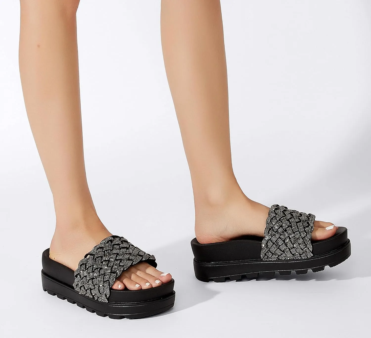 LUCKY STEP Women's Platform Sandals Braided Strap Flatform Slide Open Toe Casual Summer Beach Outdoor Wedge Woven Belt Slipper