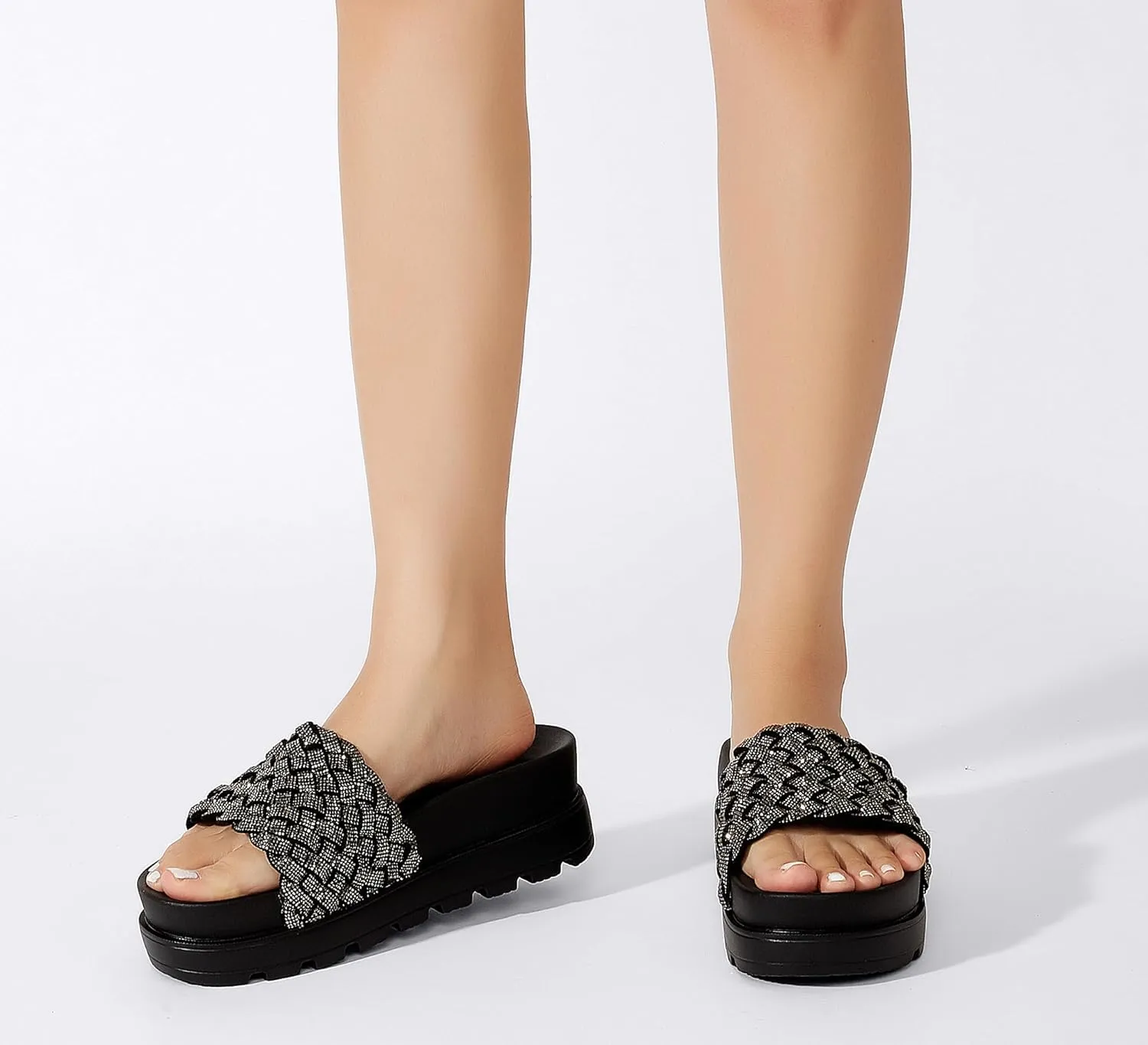 LUCKY STEP Women's Platform Sandals Braided Strap Flatform Slide Open Toe Casual Summer Beach Outdoor Wedge Woven Belt Slipper