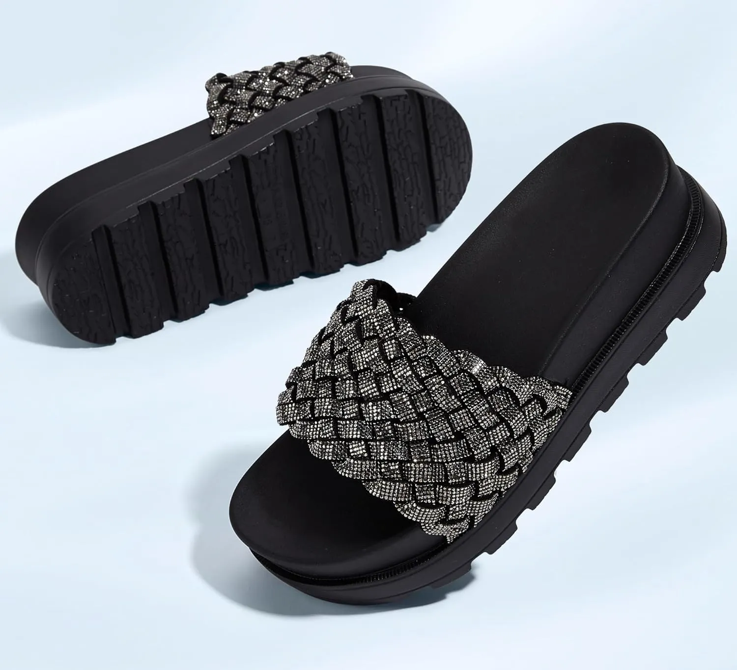 LUCKY STEP Women's Platform Sandals Braided Strap Flatform Slide Open Toe Casual Summer Beach Outdoor Wedge Woven Belt Slipper