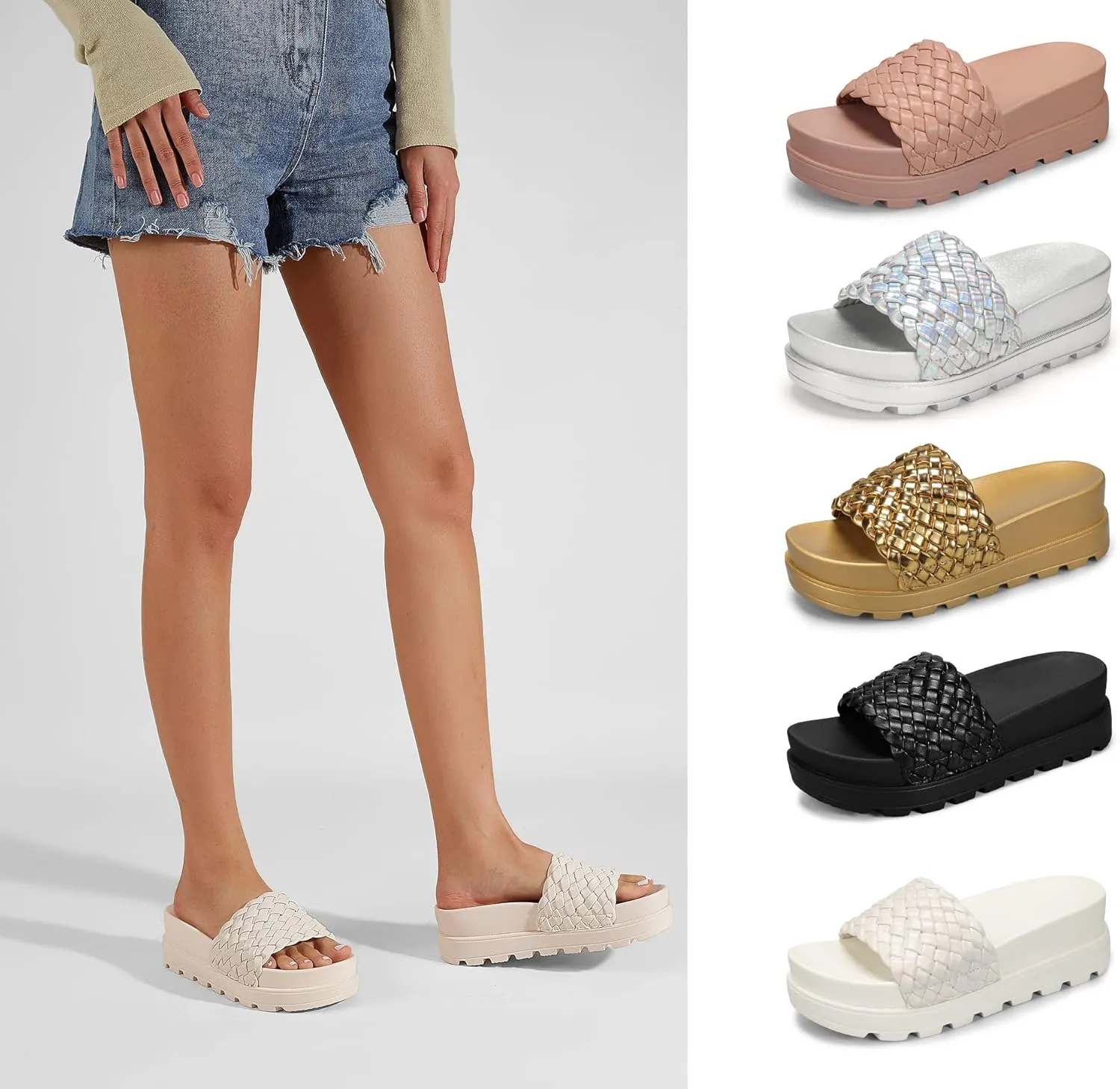 LUCKY STEP Women's Platform Sandals Braided Strap Flatform Slide Open Toe Casual Summer Beach Outdoor Wedge Woven Belt Slipper