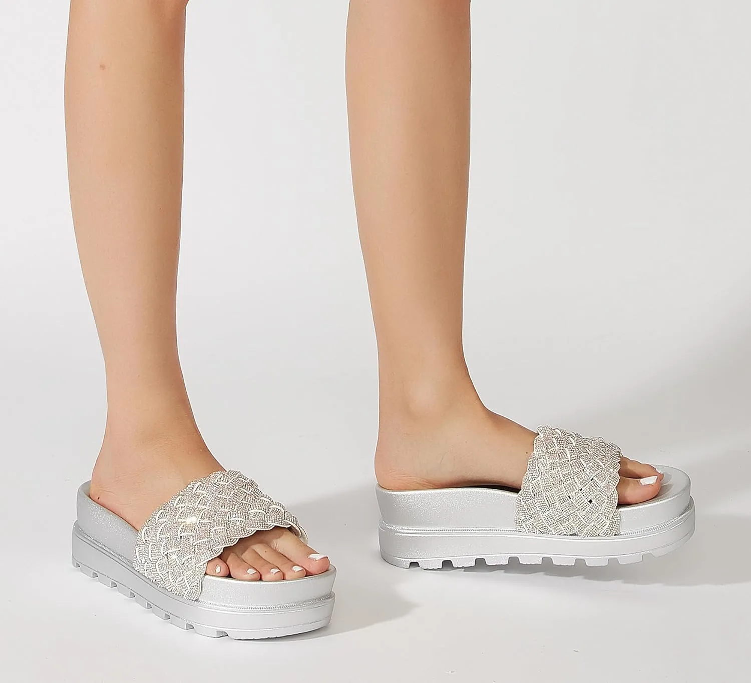 LUCKY STEP Women's Platform Sandals Braided Strap Flatform Slide Open Toe Casual Summer Beach Outdoor Wedge Woven Belt Slipper