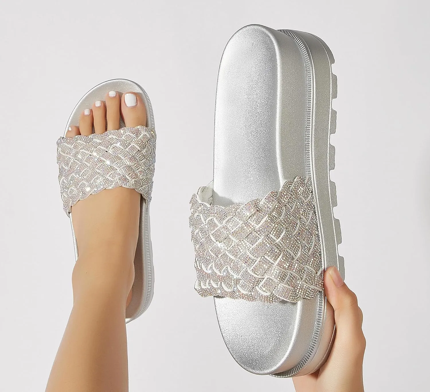 LUCKY STEP Women's Platform Sandals Braided Strap Flatform Slide Open Toe Casual Summer Beach Outdoor Wedge Woven Belt Slipper