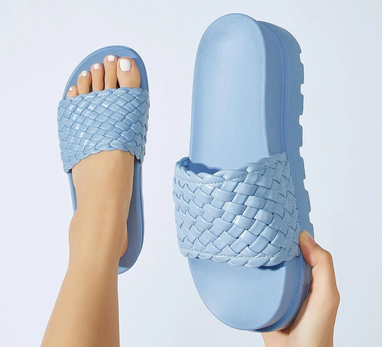 LUCKY STEP Women's Platform Sandals Braided Strap Flatform Slide Open Toe Casual Summer Beach Outdoor Wedge Woven Belt Slipper
