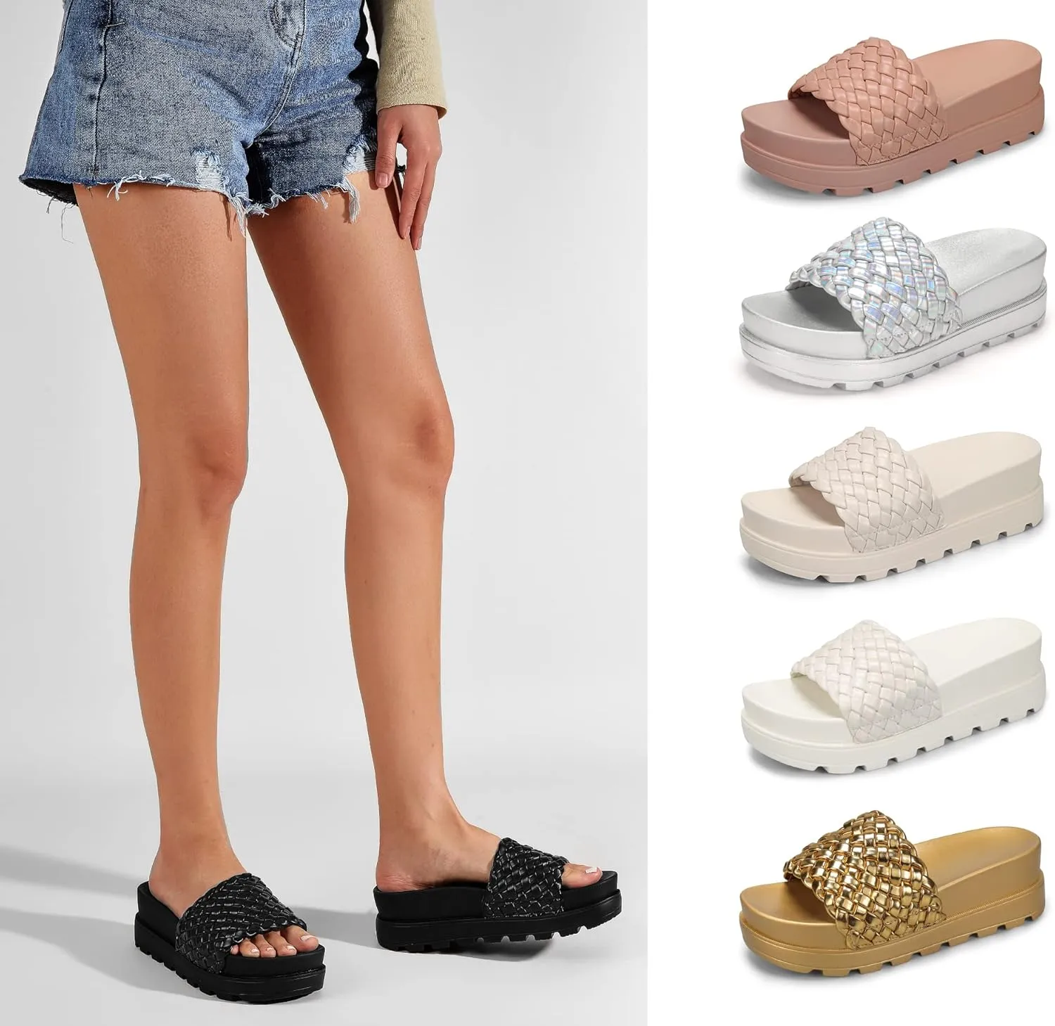 LUCKY STEP Women's Platform Sandals Braided Strap Flatform Slide Open Toe Casual Summer Beach Outdoor Wedge Woven Belt Slipper