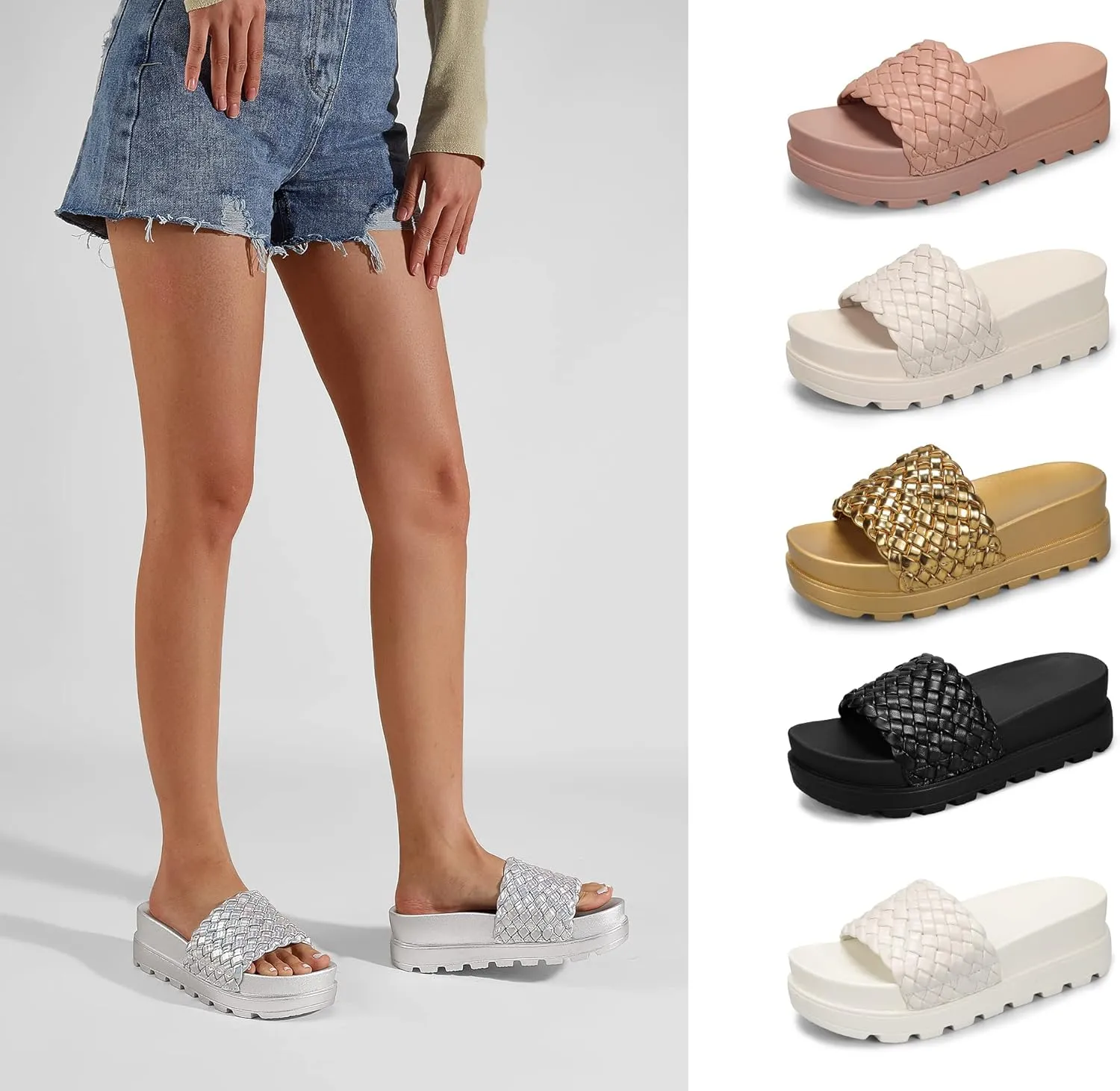 LUCKY STEP Women's Platform Sandals Braided Strap Flatform Slide Open Toe Casual Summer Beach Outdoor Wedge Woven Belt Slipper
