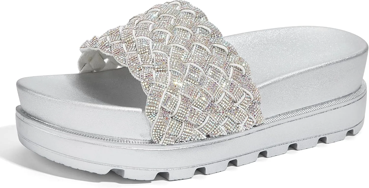 LUCKY STEP Women's Platform Sandals Braided Strap Flatform Slide Open Toe Casual Summer Beach Outdoor Wedge Woven Belt Slipper