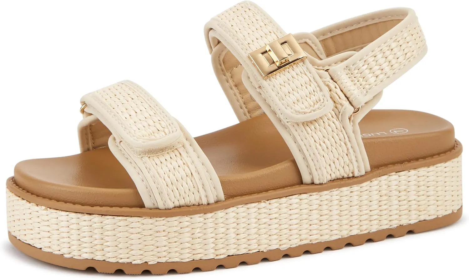 LUCKY STEP Women's Raffia Platform Wedge Sandals Open Toe Slingback Sandals Adjustable Double Strap Beach Sandals