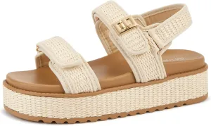 LUCKY STEP Women's Raffia Platform Wedge Sandals Open Toe Slingback Sandals Adjustable Double Strap Beach Sandals