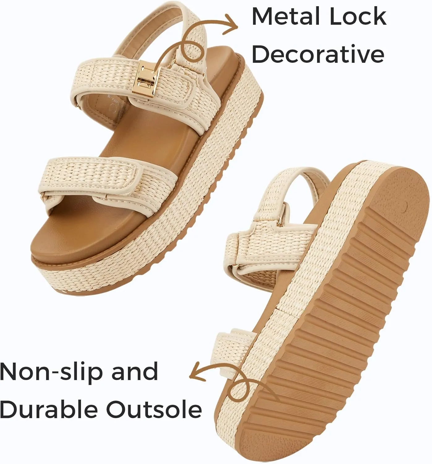 LUCKY STEP Women's Raffia Platform Wedge Sandals Open Toe Slingback Sandals Adjustable Double Strap Beach Sandals