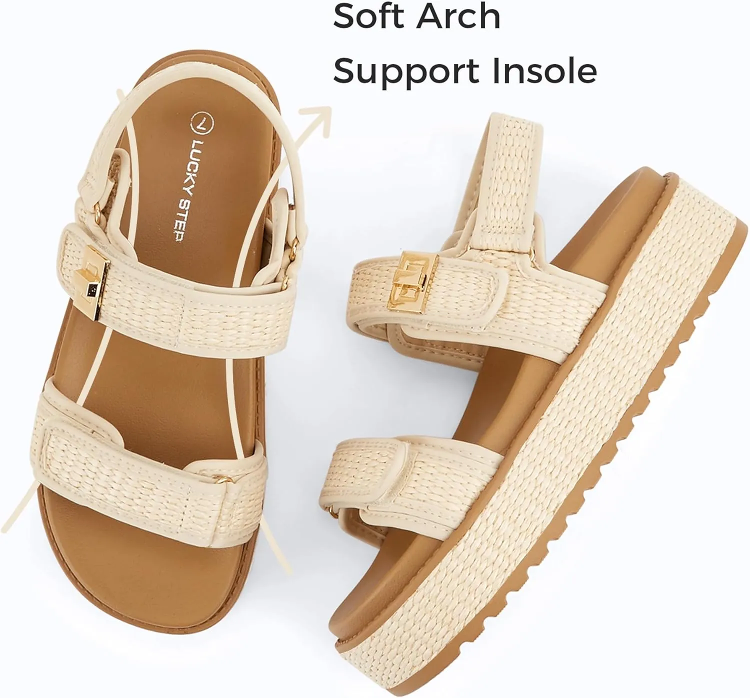 LUCKY STEP Women's Raffia Platform Wedge Sandals Open Toe Slingback Sandals Adjustable Double Strap Beach Sandals
