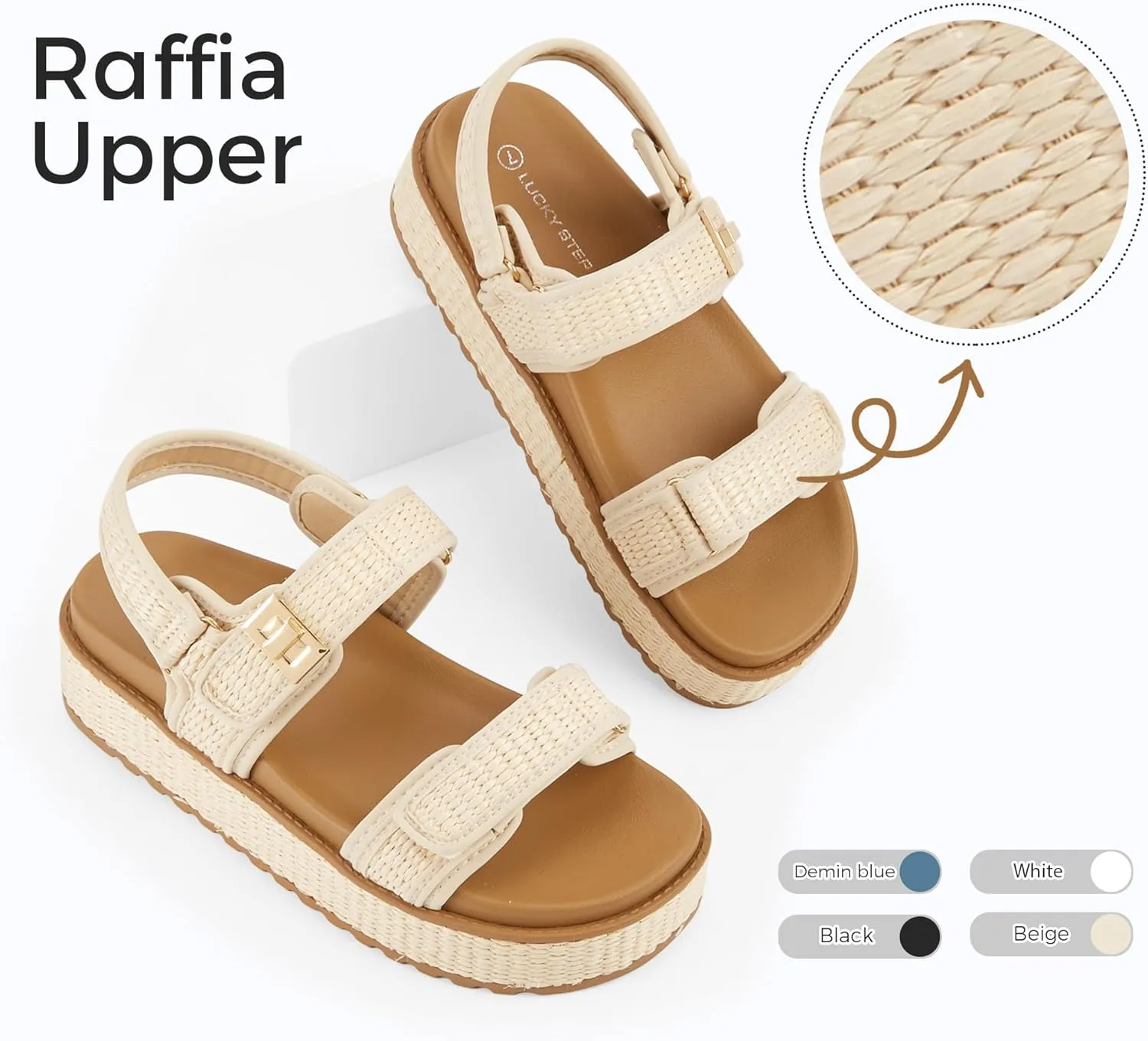 LUCKY STEP Women's Raffia Platform Wedge Sandals Open Toe Slingback Sandals Adjustable Double Strap Beach Sandals