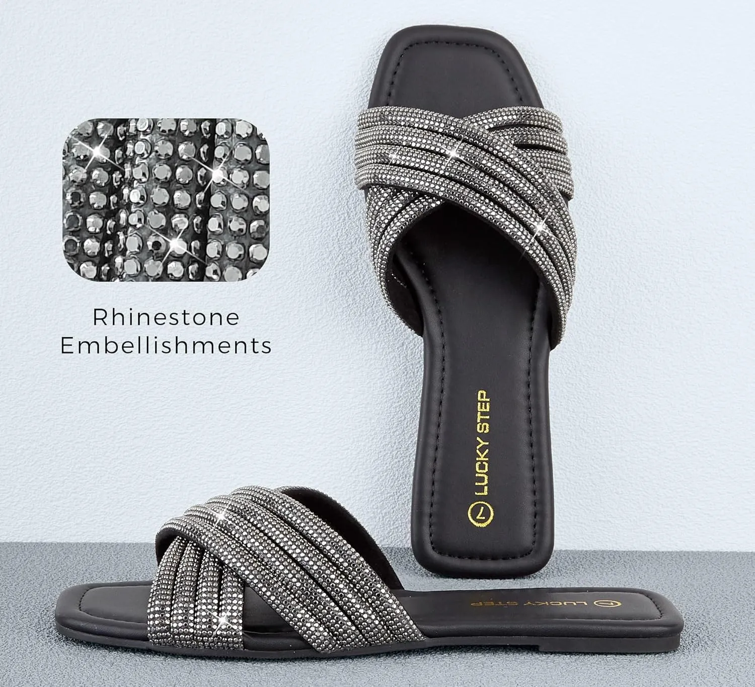 LUCKY STEP Women's Rhinestone Flat Sandals Open Toe Summer Glitter Bling Sparkle Dressy Slip on Outdoor Crossed Strap Slide