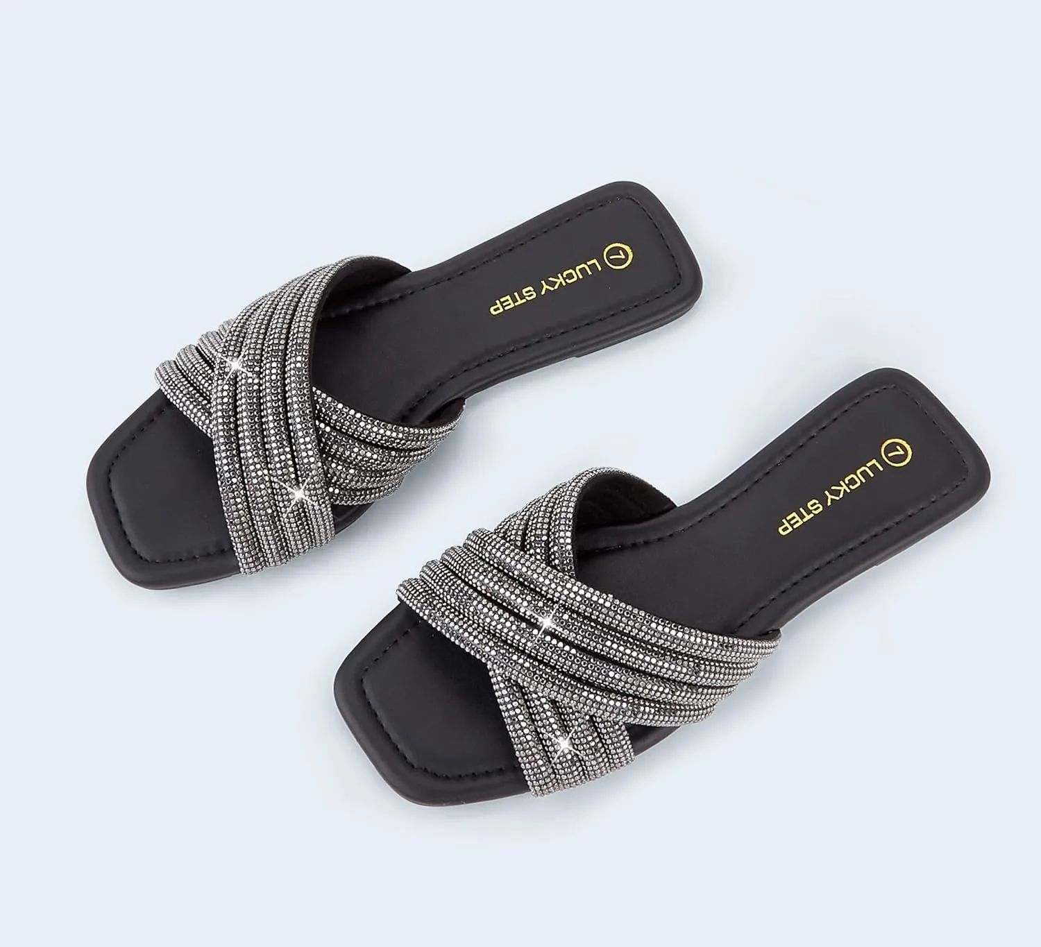 LUCKY STEP Women's Rhinestone Flat Sandals Open Toe Summer Glitter Bling Sparkle Dressy Slip on Outdoor Crossed Strap Slide