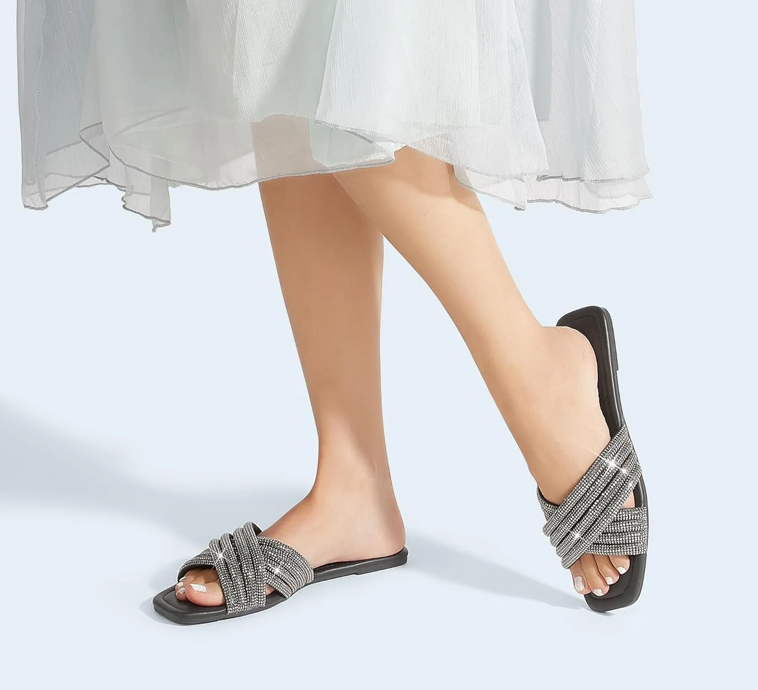 LUCKY STEP Women's Rhinestone Flat Sandals Open Toe Summer Glitter Bling Sparkle Dressy Slip on Outdoor Crossed Strap Slide