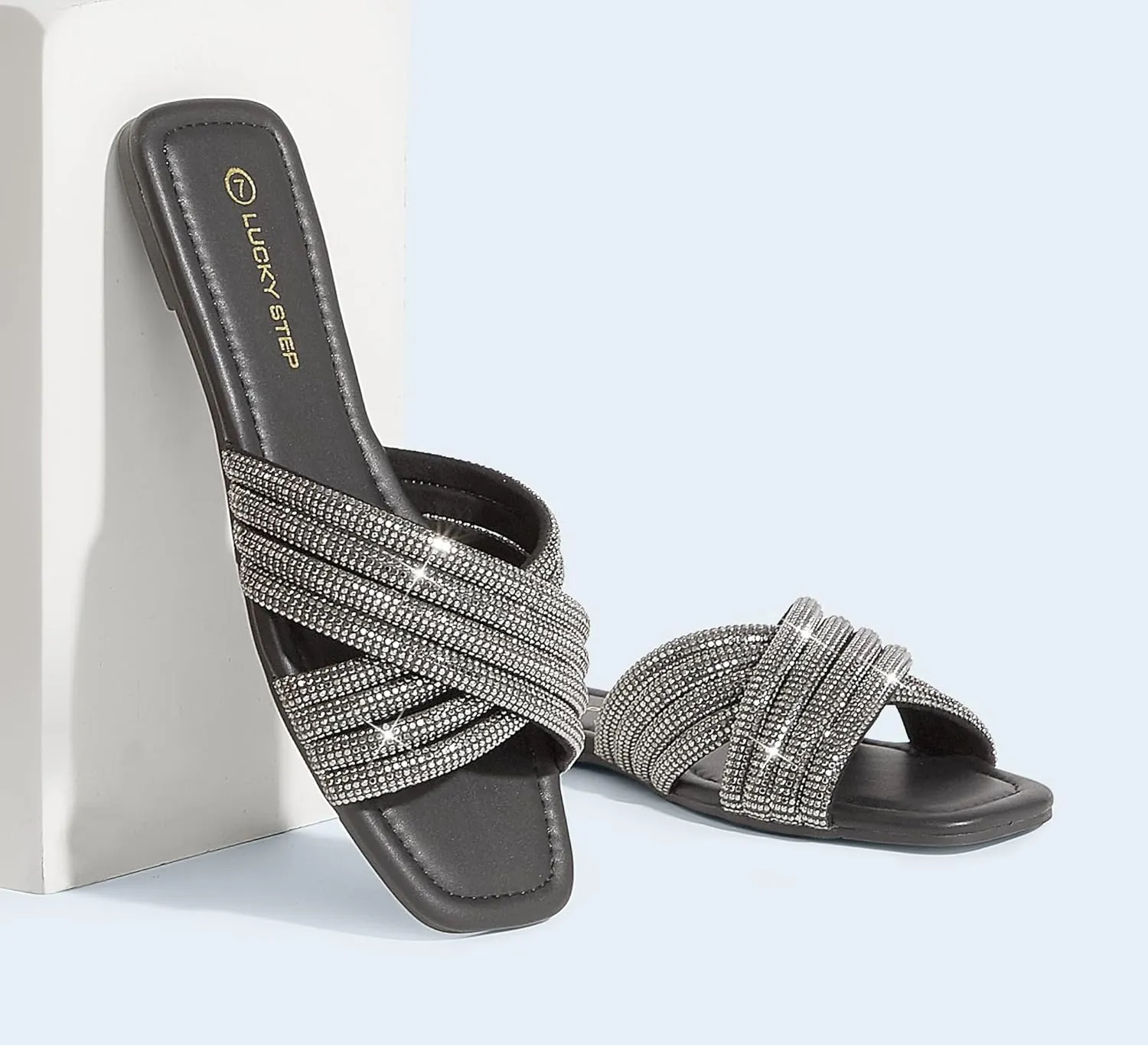 LUCKY STEP Women's Rhinestone Flat Sandals Open Toe Summer Glitter Bling Sparkle Dressy Slip on Outdoor Crossed Strap Slide