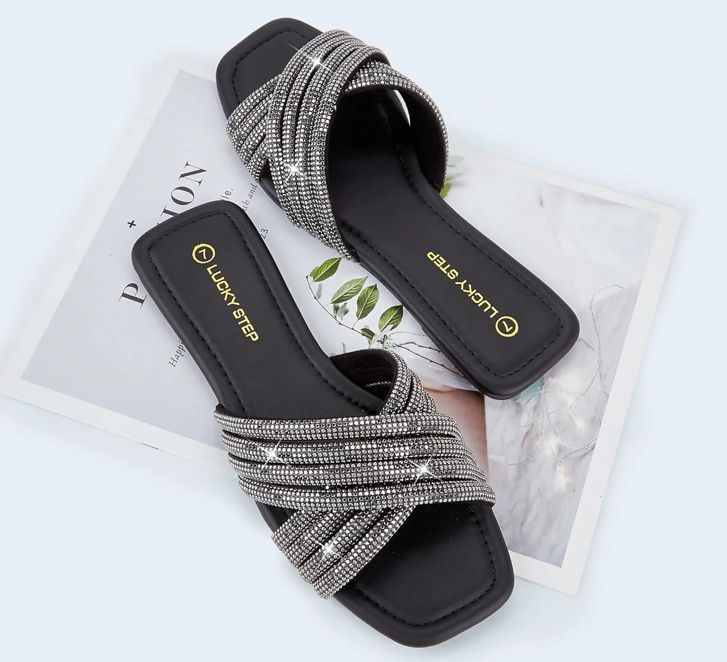 LUCKY STEP Women's Rhinestone Flat Sandals Open Toe Summer Glitter Bling Sparkle Dressy Slip on Outdoor Crossed Strap Slide