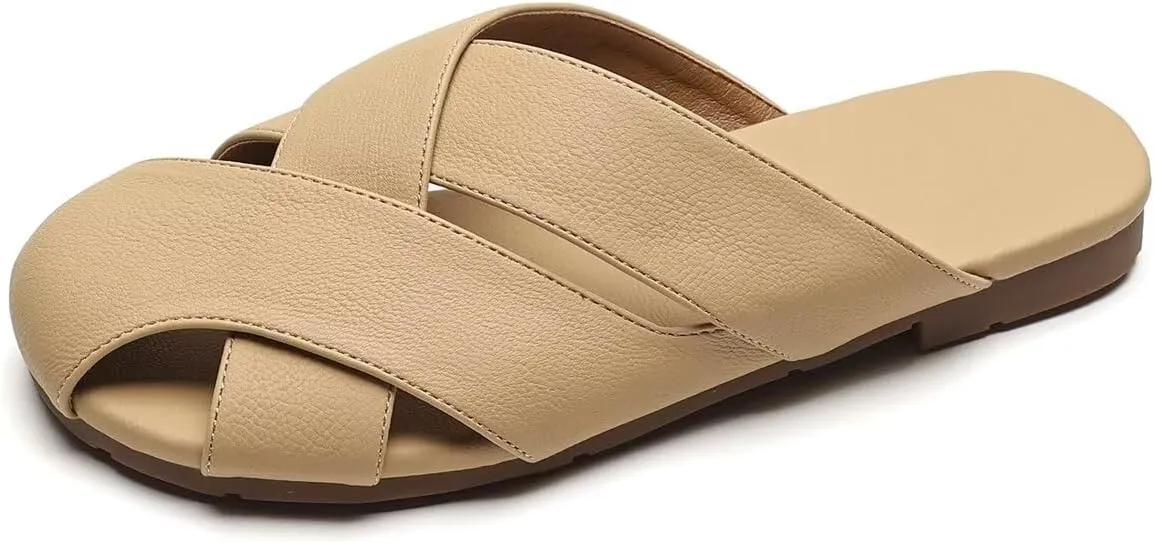 LUXINYU Women Fashion Summer Slip on Slipers Cross Straps Mules Comfortable Casual Flats Beach Shoes Party Dress Shoes