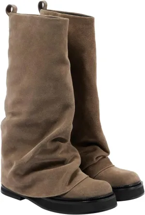 MAVMAX Women Fold Over Knee High Boots Casual Round Toe Coverd Slouched Leather Pull On Wide Calf Chunky Low Heel Platform Boots